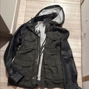 army style jacket leather collar and sleeves removable hood